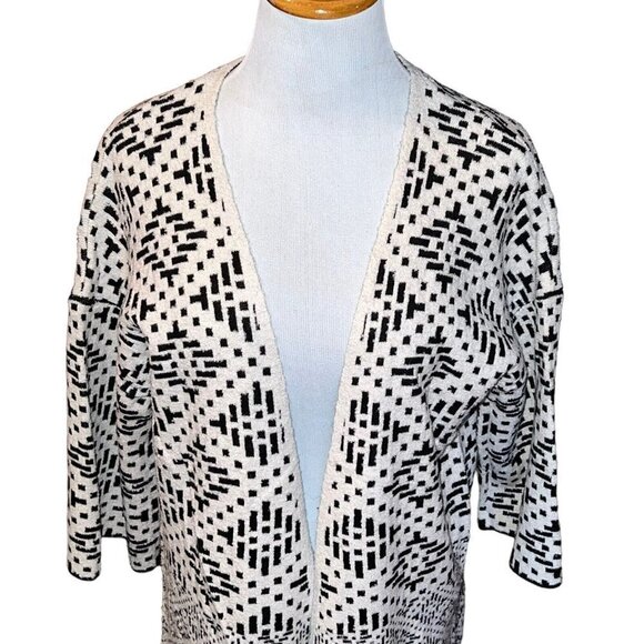 H&M Black & White Diamonds Open Front 3/4 Sleeve Wool Blend Oversized Cardigan - Picture 3 of 7